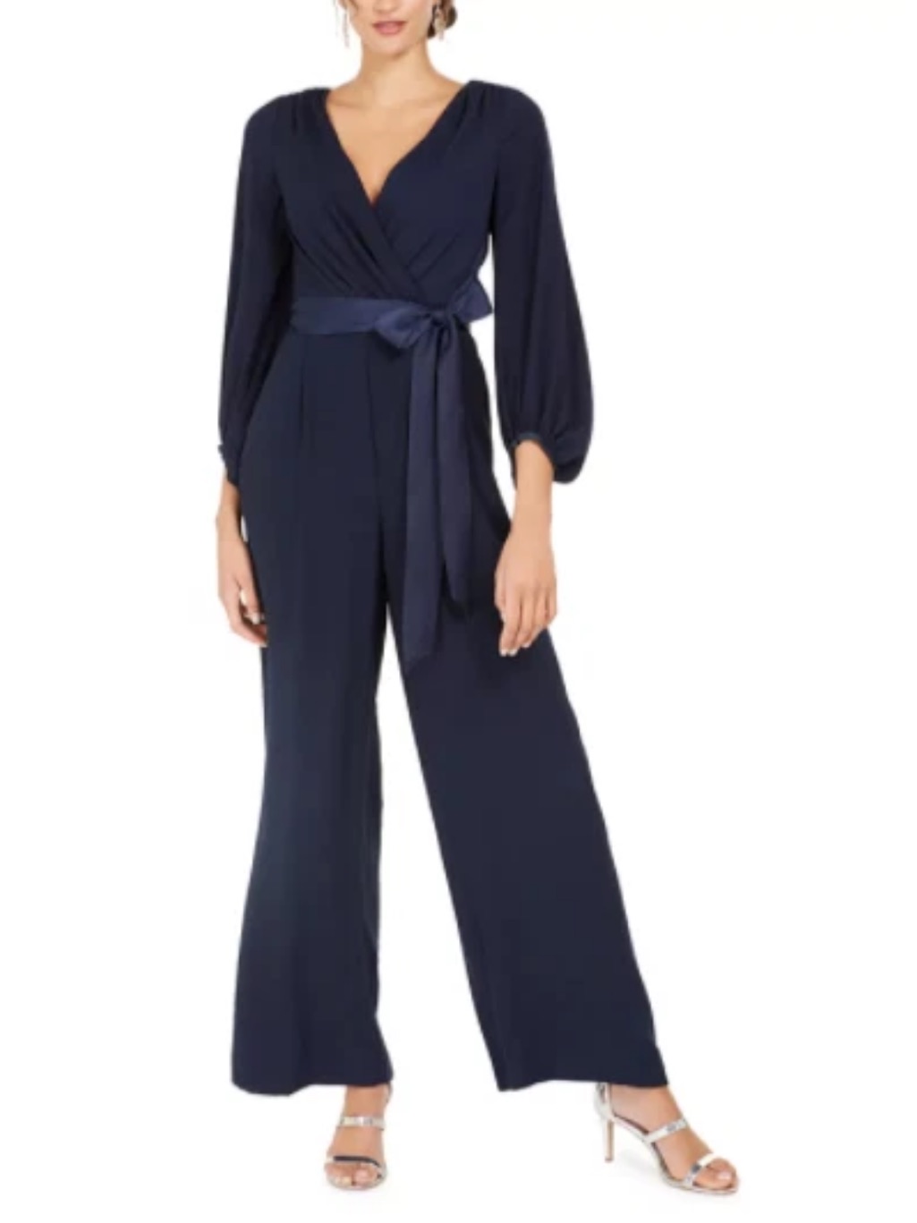 Eliza J Blouson 3/4 Sleeve Faux Wrap Wide Leg Jumpsuit Navy Size 6